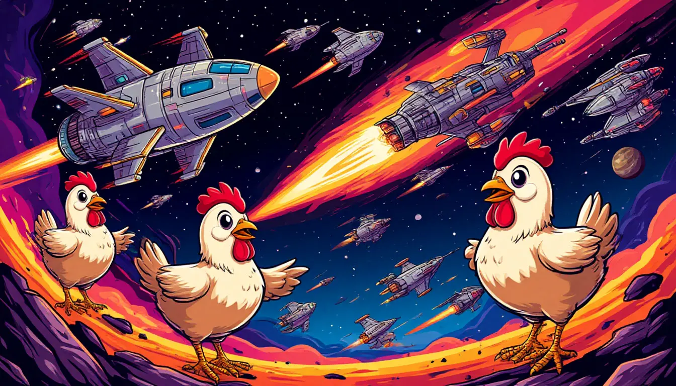 Starfield backdrop with playful chicken silhouettes